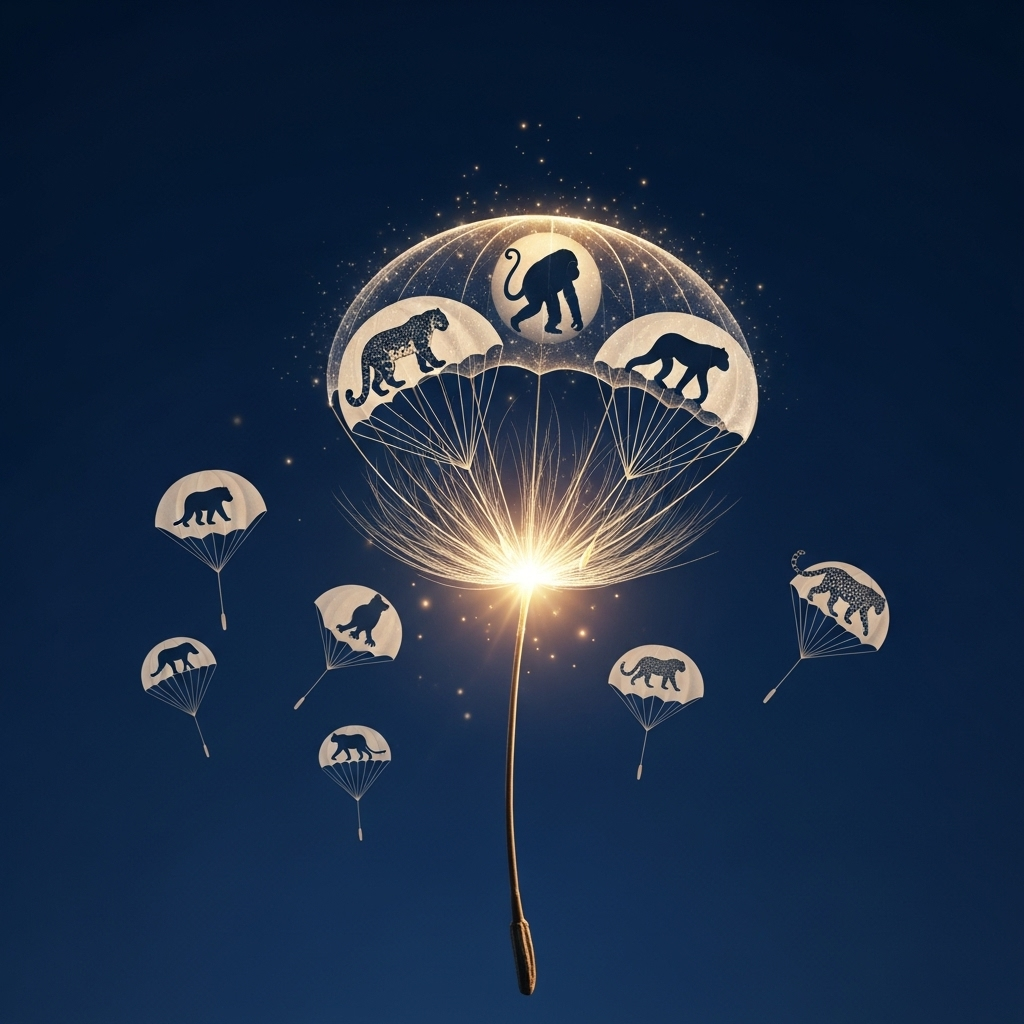 Изображение светящегося семени одуванчика с силуэтами исчезающих животных — символ надежды и хрупкости жизни