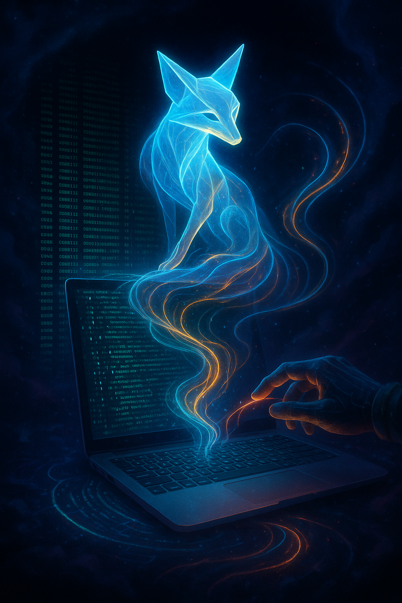 Призрачная «лиса» — материализованный Claude — вырывается из экрана ноутбука, вытягивая струи кода, которые мягко направляет рука инженера — метафора синергии: 95 % строк пишет ИИ, но курс держит человек.