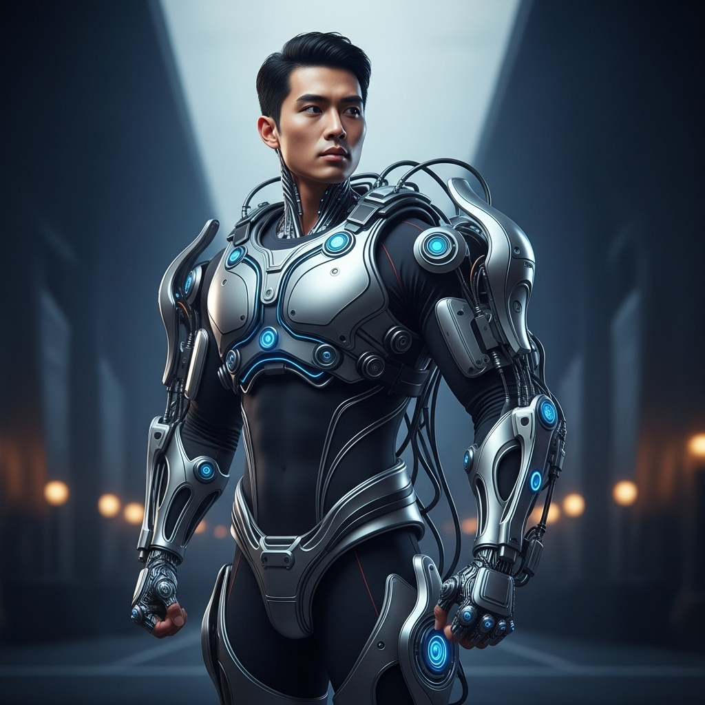 Изображение человека в футуристичном экзоскелете