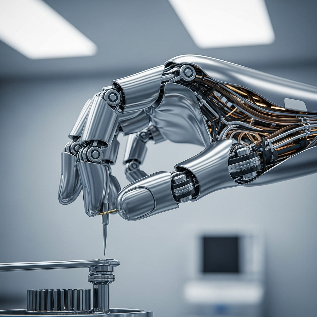 Крупный план высокотехнологичной бионической руки, выполняющей тонкую работу