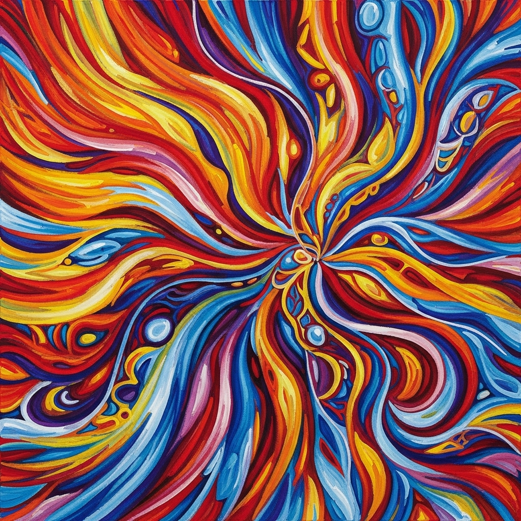 Абстрактное изображение, передающее концепцию метаболизма с помощью ярких цветов и текучих линий, символизирующих энергию и трансформацию