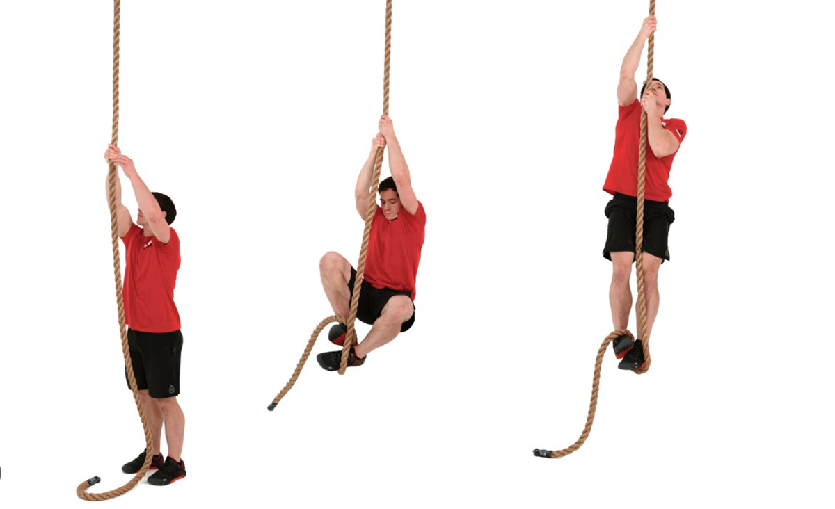 Классический подъем по канату. Атлет выполняет замок ногами