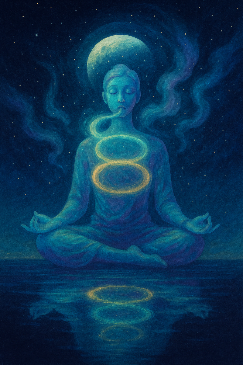Медитирующий силуэт парит над тихой водой, выпуская три светящихся кольца-ауры, которые плавно отражаются в зеркале ночного неба — визуальная поэма ритма «4-7-8», в которой каждое кольцо символизирует вдох, задержку и медленный выдох.