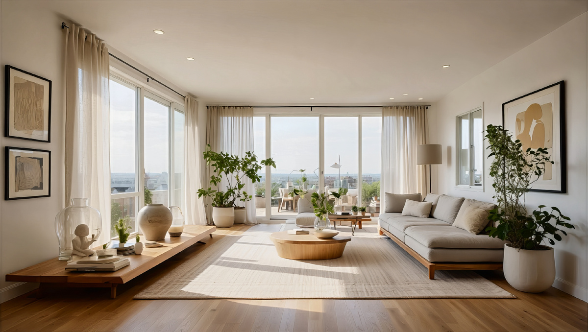 Стильная квартира без устаревших предметов: лёгкие шторы, современный текстиль и лаконичный декор легко заменяют тяжёлые, броские вещи, создавая атмосферу уюта и вкуса.