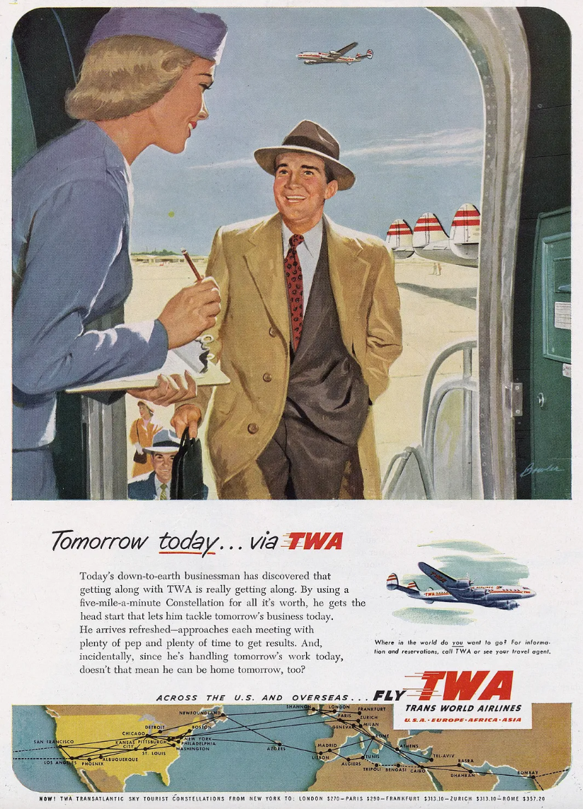 Реклама TWA 1950-х годов. (Майк МакКомб, «Потерянные рейсы»)
