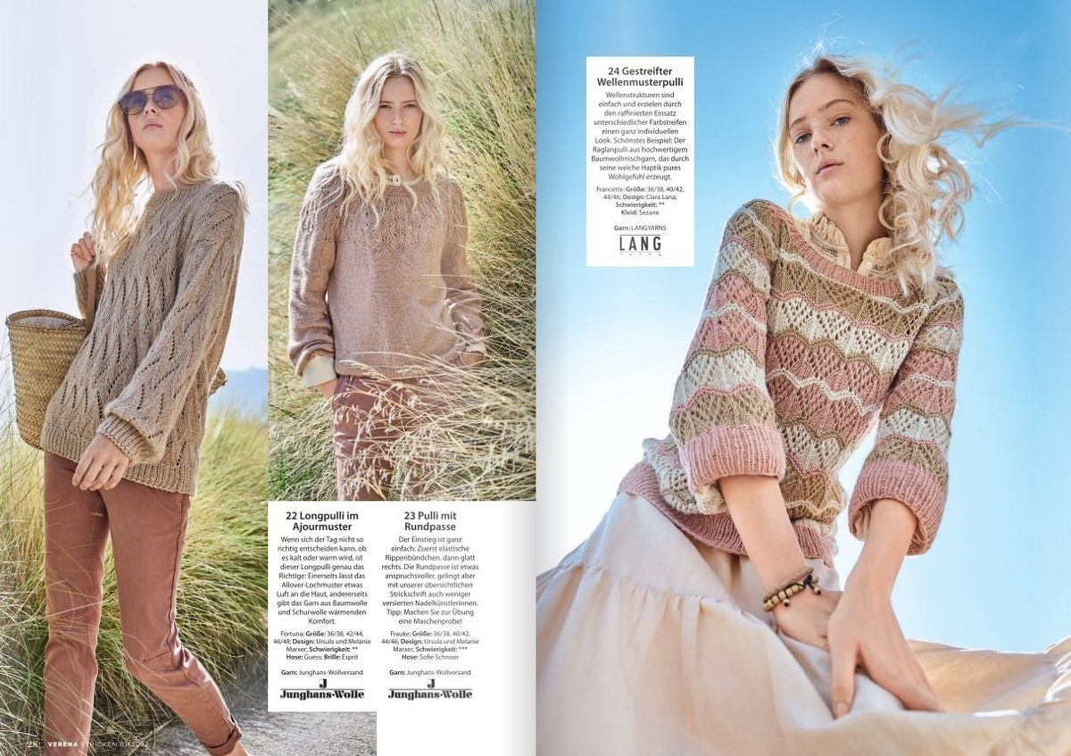 Мамина "Верена" с моделями красивыми, но невыполнимими в жизни обычного, не вяжущего человека, вдруг стала очень актуальной. Если у вас есть что-то подобное, возьмите классные солнцезащитные очки в пару и гладкие вещи-компаньоны. Сейчас почему-то очень много таких вещей в магазинах, так что можно носить как новую находку. 