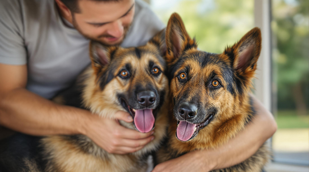 Двое счастливые собаки среднего возраста с лохматыми шерстями, наслаждающиеся временем с человеком дома, на фоне окна и природы.