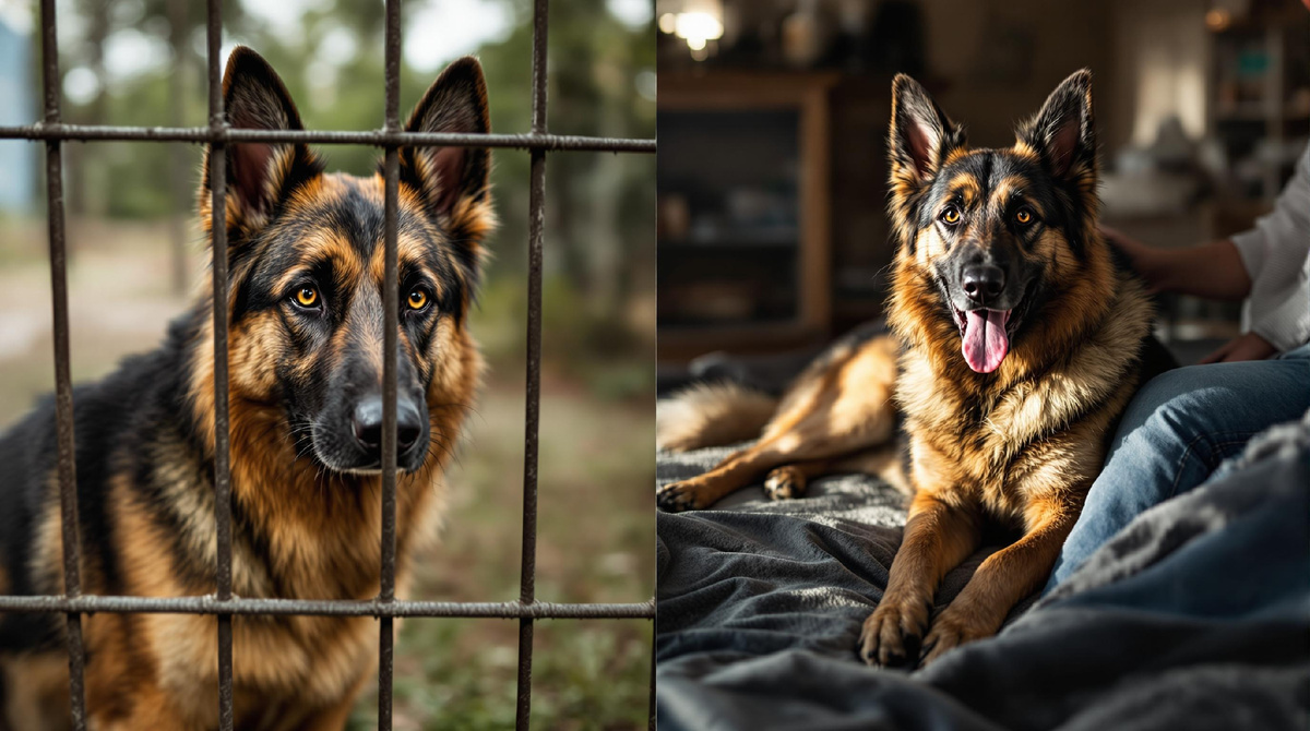 Кадр с немецкой овчаркой: одна в приюте за решёткой, другая дома на кровати с хозяином, отображение разных условий жизни собак.