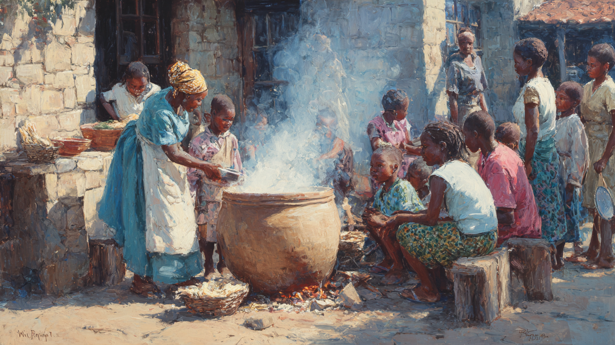 Мать готовит мубоора уне дови в африканской деревне