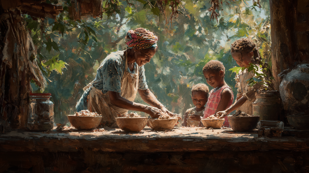 Бабушка подаёт нхопи внукам на веранде