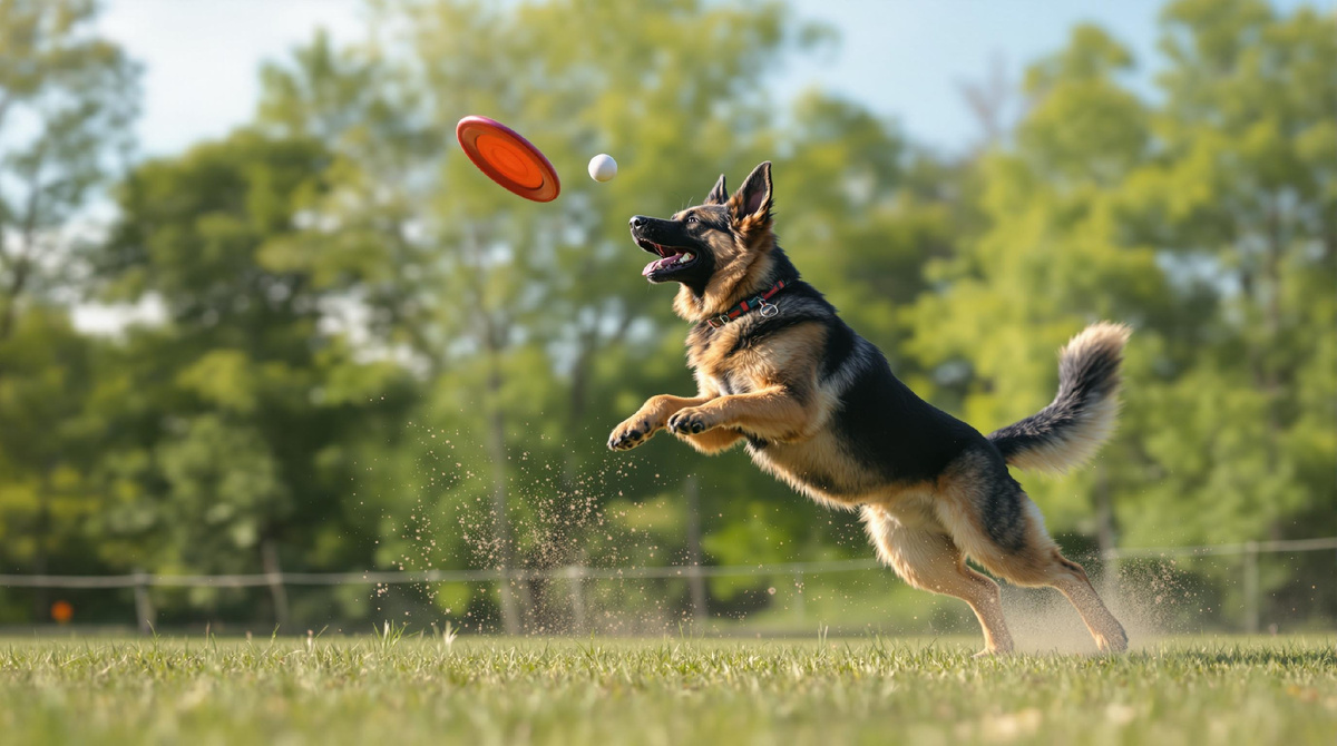 Активный немецкий гердер играет с фрисби на зеленом поле в парке, энергичная собака, наслаждающаяся активным отдыхом и тренировками на свежем воздухе.