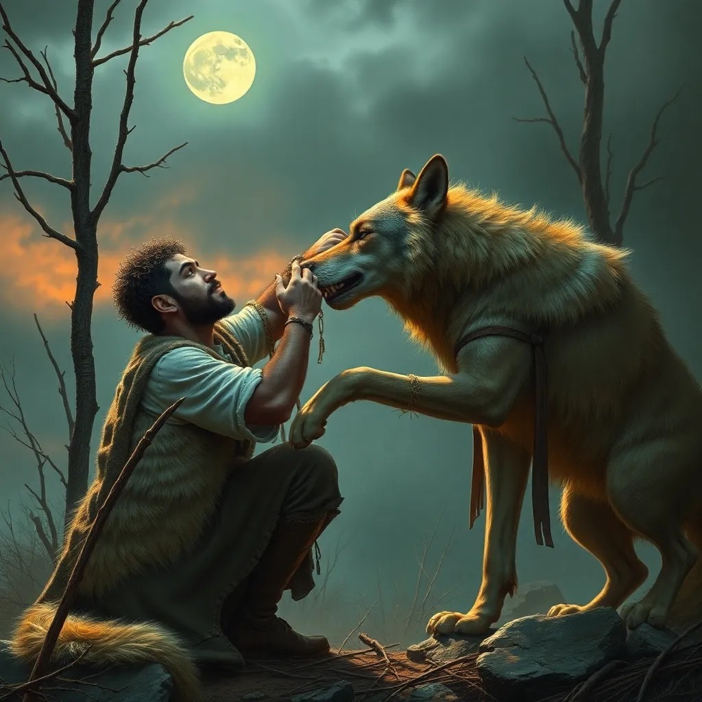 Древний человек приручает волка. 