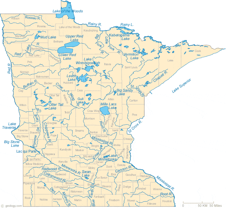 Карта озер и рек шт. Миннесота (discl.: i do not own this map, borrowed it from here: https://geology.com/lakes-rivers-water/minnesota.shtml) (thanks for sharing)