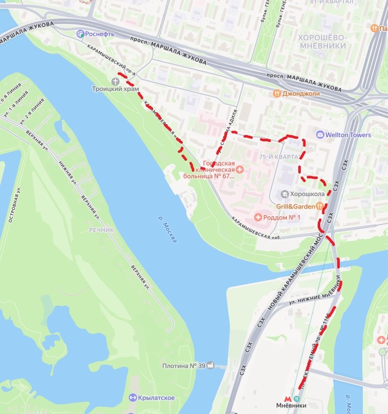 Карта маршрута экскурсии по Хорошево-Мневникам