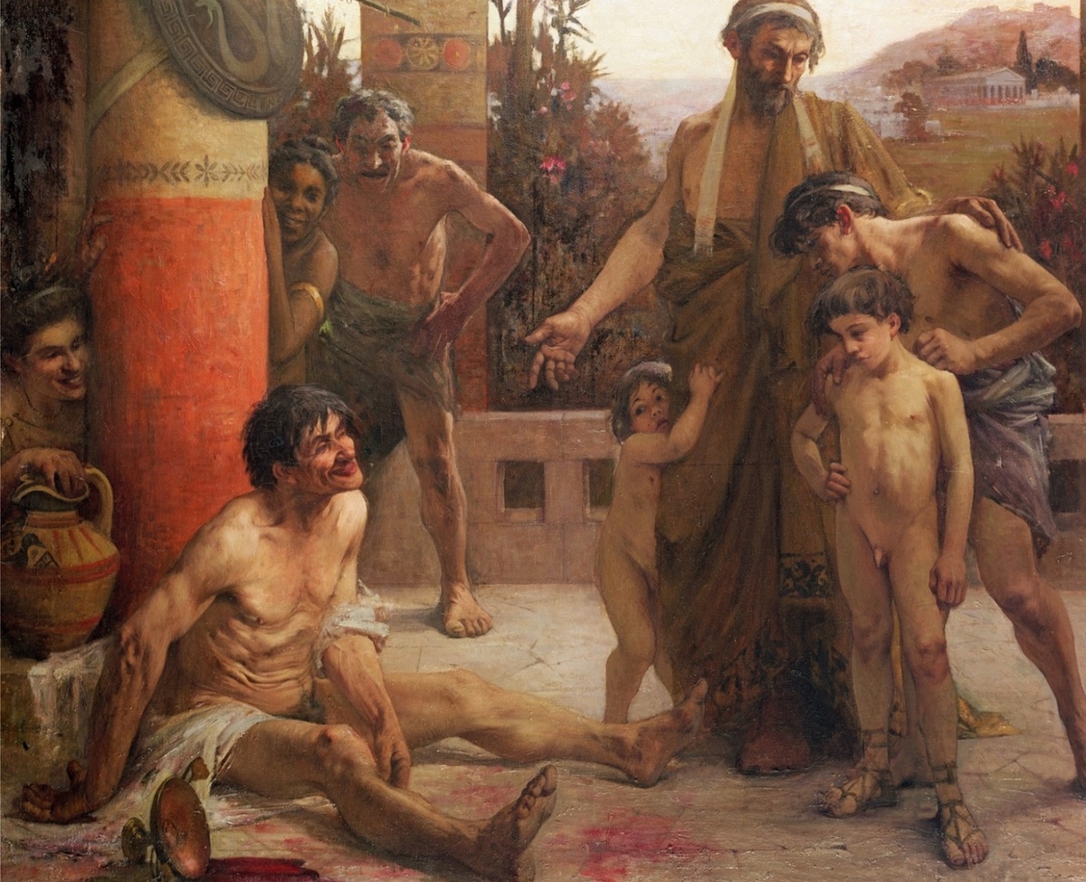 Спартанец, показывающий пьяного илота своим сыновьям. Художник Фернан Сабатте
