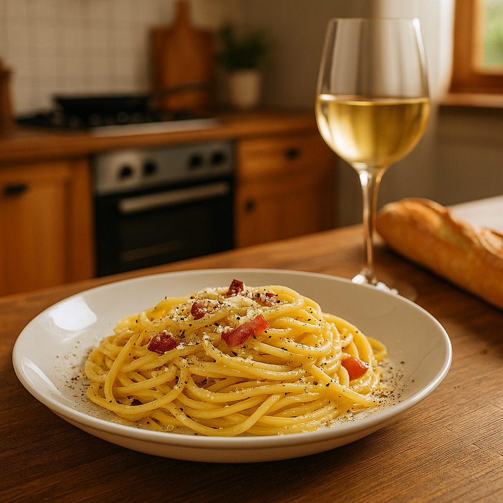 Паста карбонара с пармезаном и чёрным перцем