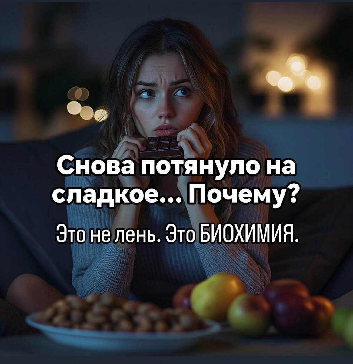 На фото — тот самый момент, когда хочется сладкого, хотя вроде только что поела. В статье объясняю, почему так происходит и как мягко разорвать этот замкнутый круг.