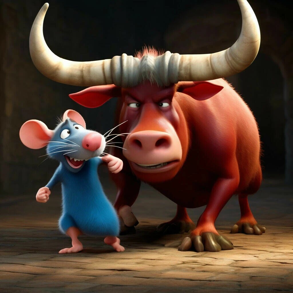 Крыса убегает от Быка