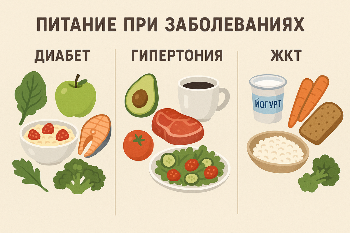 Питание при заболеваниях: диабет, гипертония, ЖКТ  