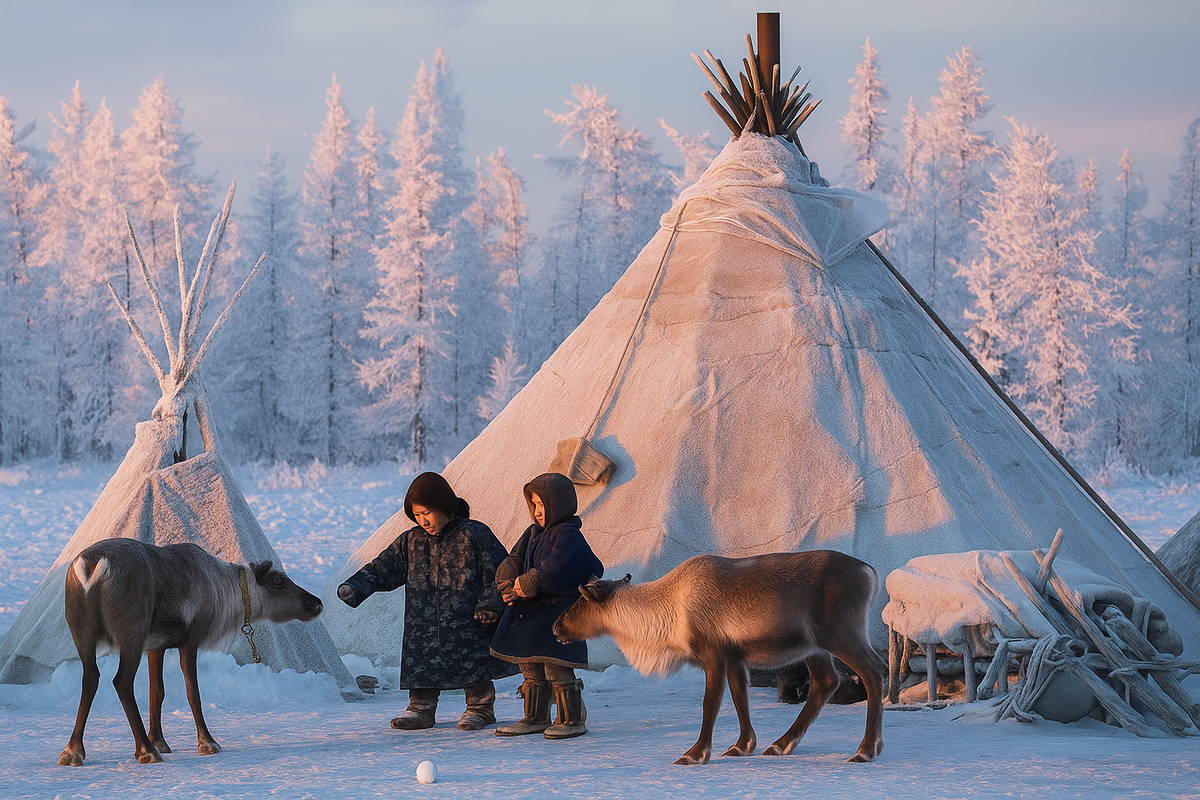 Детская игра у чума — первый урок взросления в тундре.