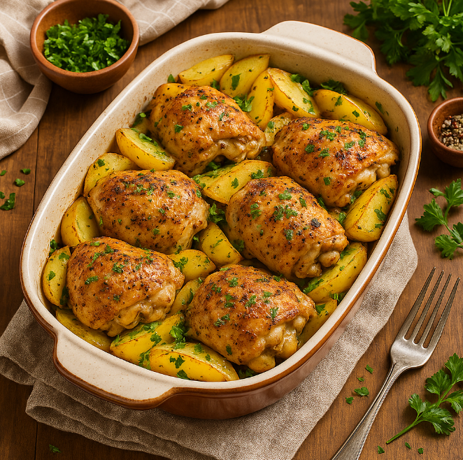 Запечённые куриные бедра с картошкой в духовке рецепты от Дарики