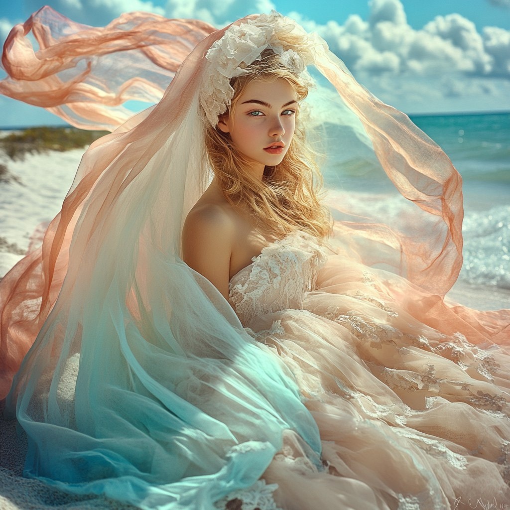 Разумеется, на море можно провести и такую красивую фотосессию в пышных нарядах. Но если захочется в бикини, то попробуем техники из этой статьи. Фото я делала в нейросетях