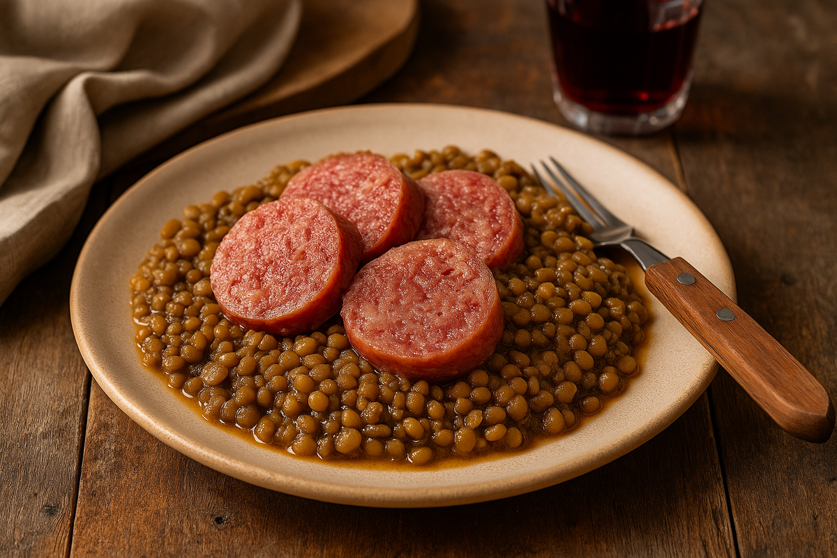Итальянское блюдо Cotechino con lenticchie — колбаса с чечевицей