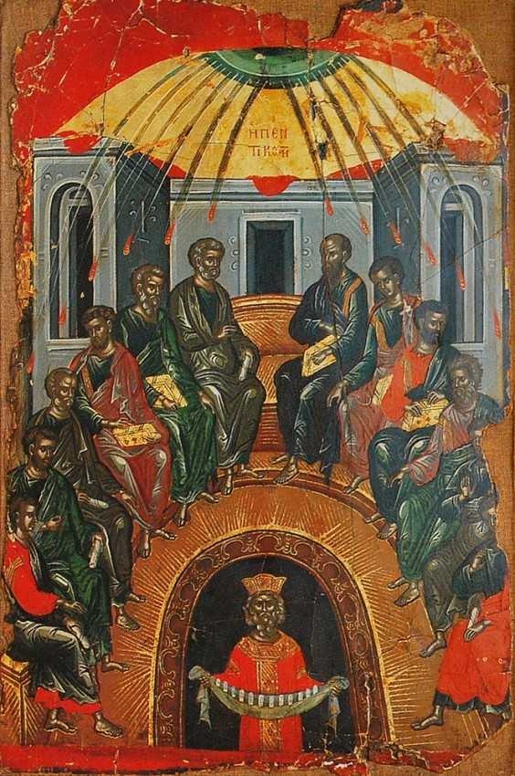   "Пятидесятница. Сошествие Святого Духа на апостолов". Византийская икона, XV век. / Фото: wikipedia.org