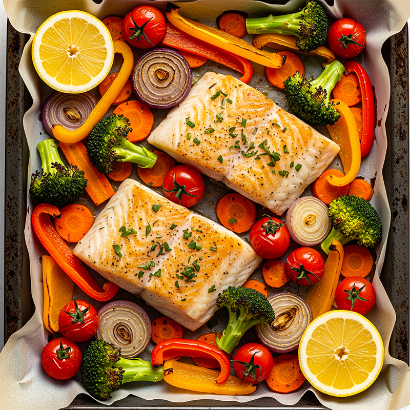 Запеченный минтай с овощами