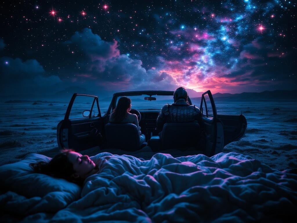    К чему такое снится: На картине изображена машина с открытой дверью в темной, пустынной местности. Мужчина в полной средневековой броне сидит на переднем сиденье без шлема, рядом с место