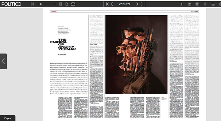    Электронная версия статьи об Андрее Ермаке в журнале Politico. Скриншот Царьграда (электронная версия журнала скачана с сайта edition.pagesuite-professional.co.uk)