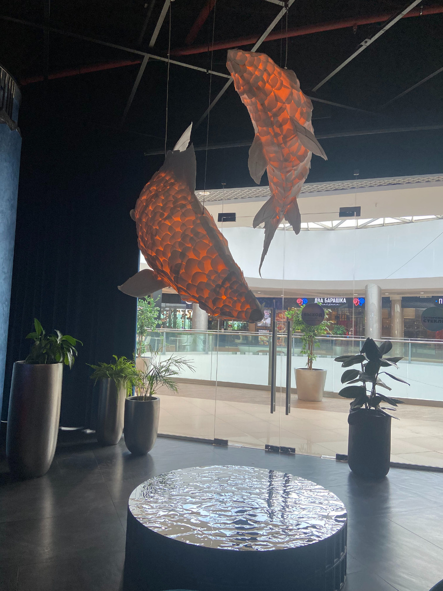 Рыбки плавают, а в дали "Два барашка" с грузинской кухней. 