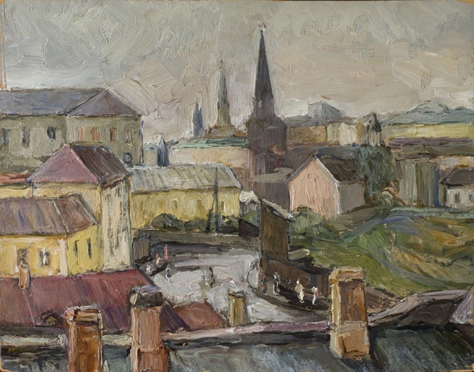 Дмитрий Краснопевцев. Вид из окна на пятом этаже дома №8 на Остоженке. 1947. Оргалит, масло. Коллекция музея АРТ4, Москва