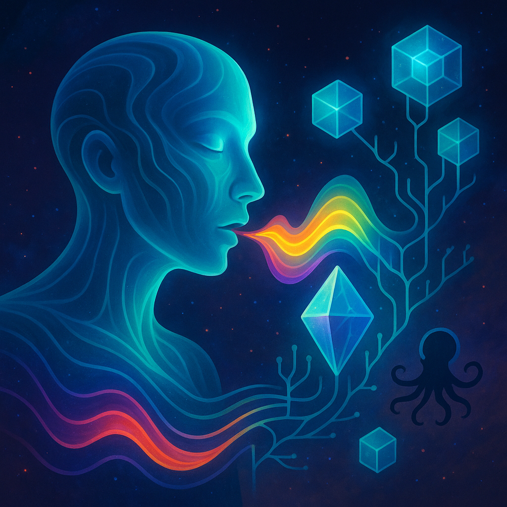 Радужный голос: голографическая фигура из звуковых волн выдыхает спектр речи в парящий кристалл-микрофон, а ветка нейролиний связывает его с кубами-памятью и тенью осьминога-кода — символ новой эволюции голосового ChatGPT и его коннекторов.