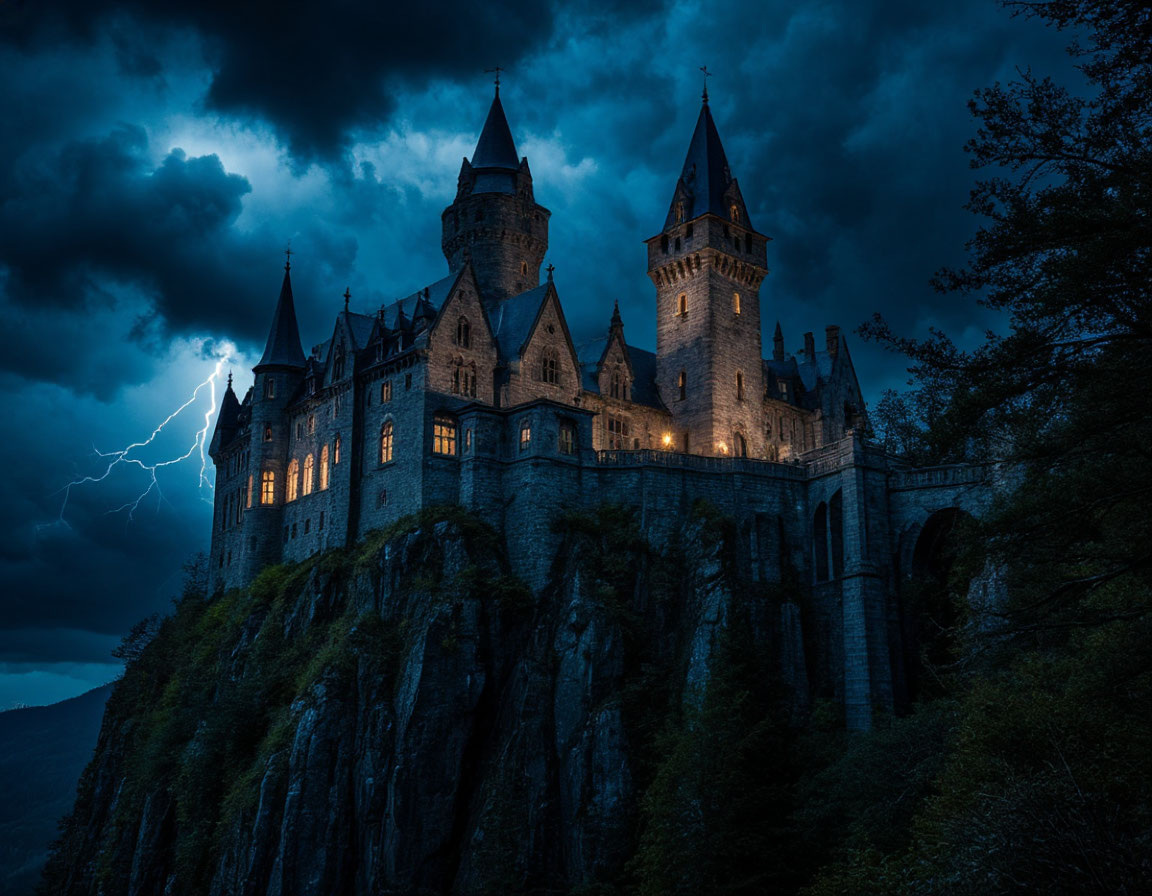 Старинный замок в бурю, окружённый молниями и тенями.