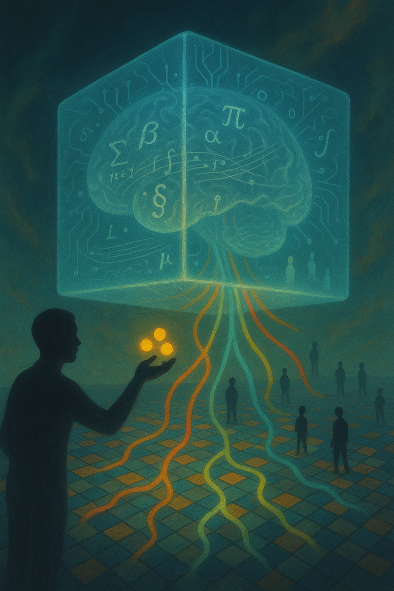 Алгоритм-проводник: светящийся куб-мозг принимает золотые жетоны награды и выпускaет ветви объяснений к людям на мозаичном поле решений.