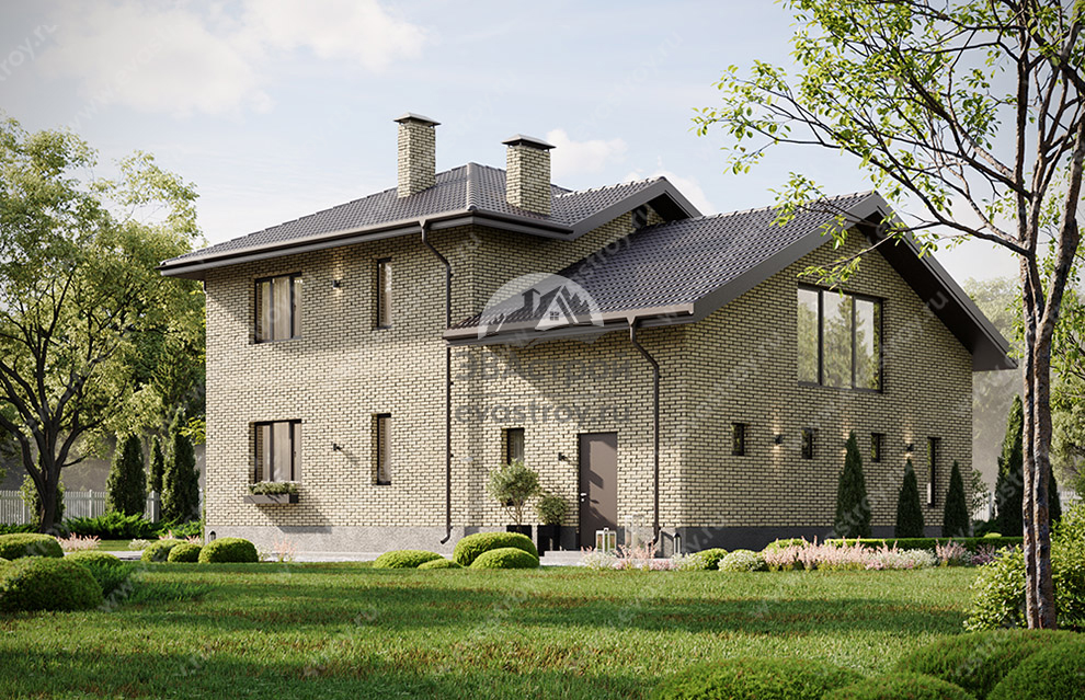 Проект двухэтажного дома 201 м2 с гаражом, балконом, кабинетом и зимним садом