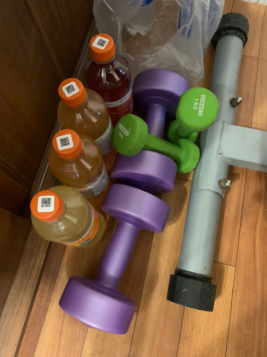 Мои гантели. Гриф со сменными блинами в шкафу ждёт, когда начнем растить и качать мышцы