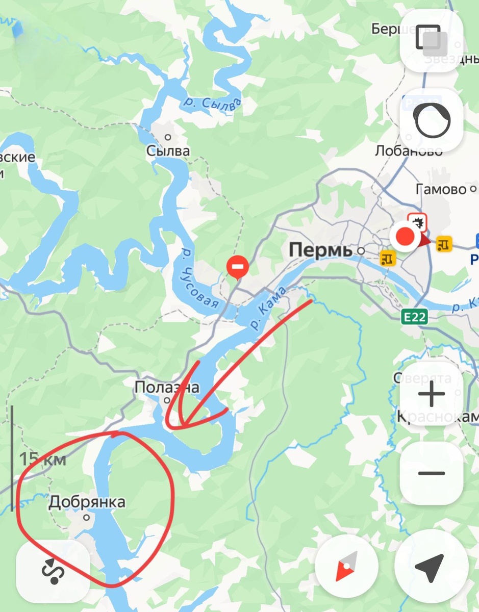 Добрянка на карте.  Расстояние от Перми до Дорбрянки примерно 63 км.