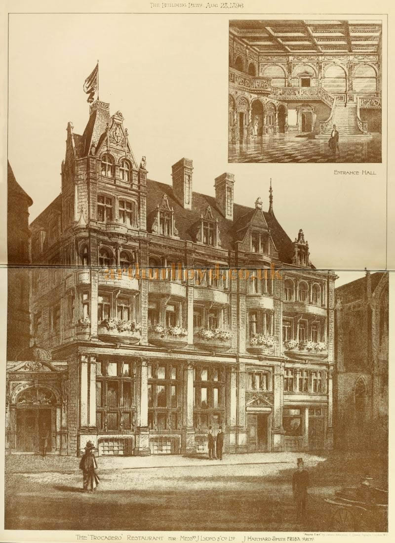 Ресторан Трокадеро. Фасад со стороны Грейт-Уиндмилл-стрит. Building News and Engineering Journal  от 11 сентября 1896. Изображение из открытых источников