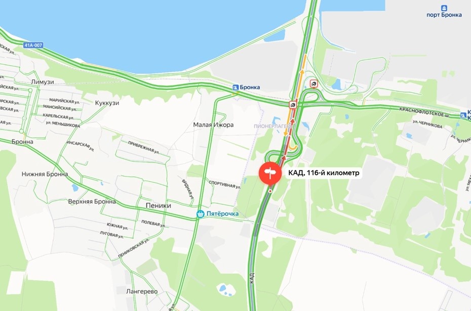    Обстановка на КАД Петербурга после аварии с перевёрнутым авто 8 июня 2025 года. Автор фото: "Яндекс Карты"