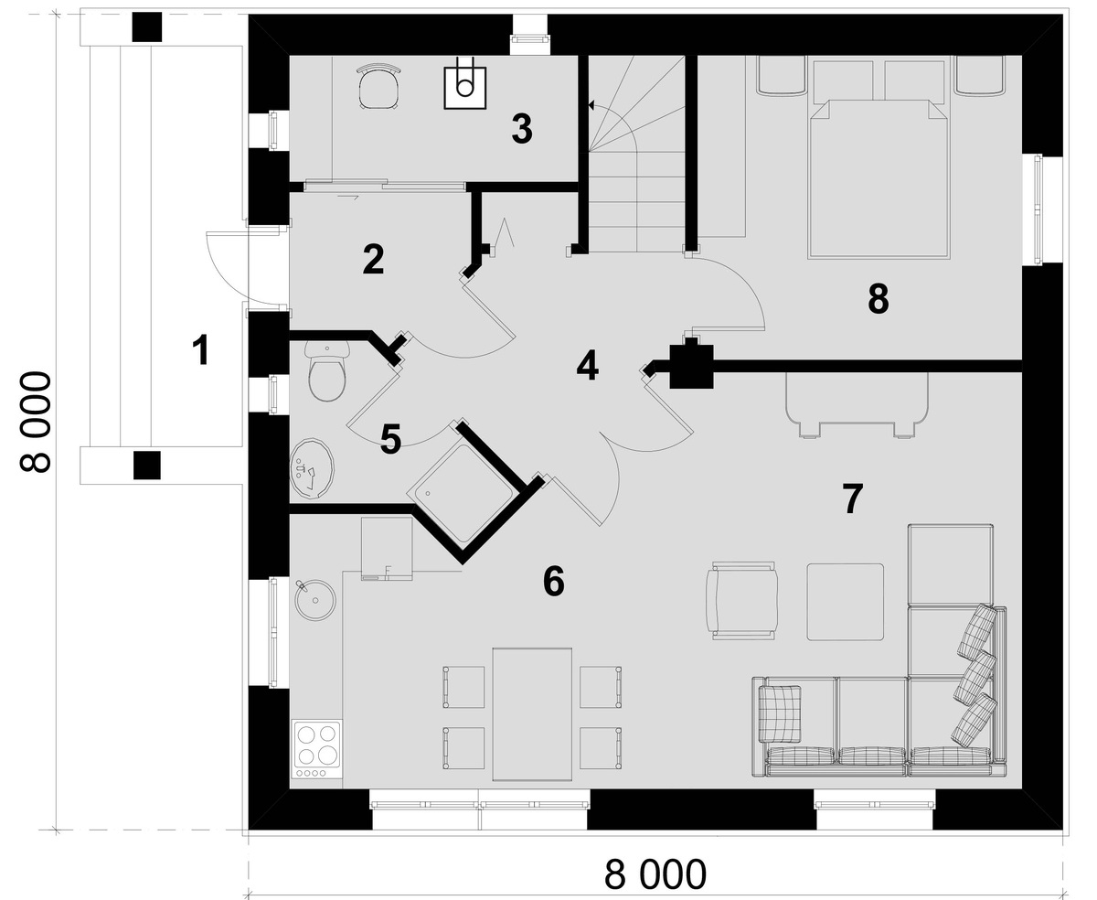 Размер дома без крыльца 8х8 метров. Компактнее некуда. Но удобно всё. Даже есть где поспать на первом этаже