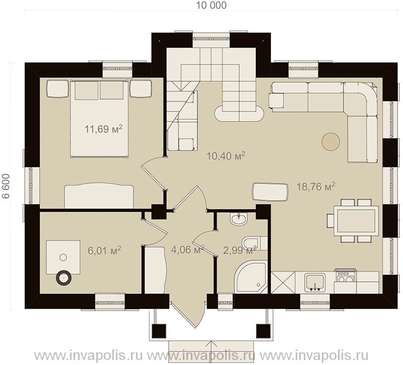 На первом этаже кухня-гостиная с эффектной лестницей, техничка и спальня