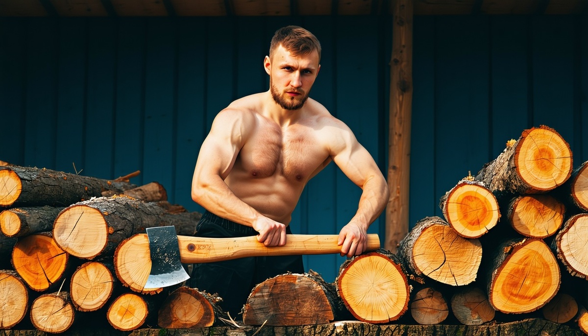 вот честно, не знаю, почему он так топор держит:) у ИИ своё видение реальности. Возможно, параллельной с нашей:) 