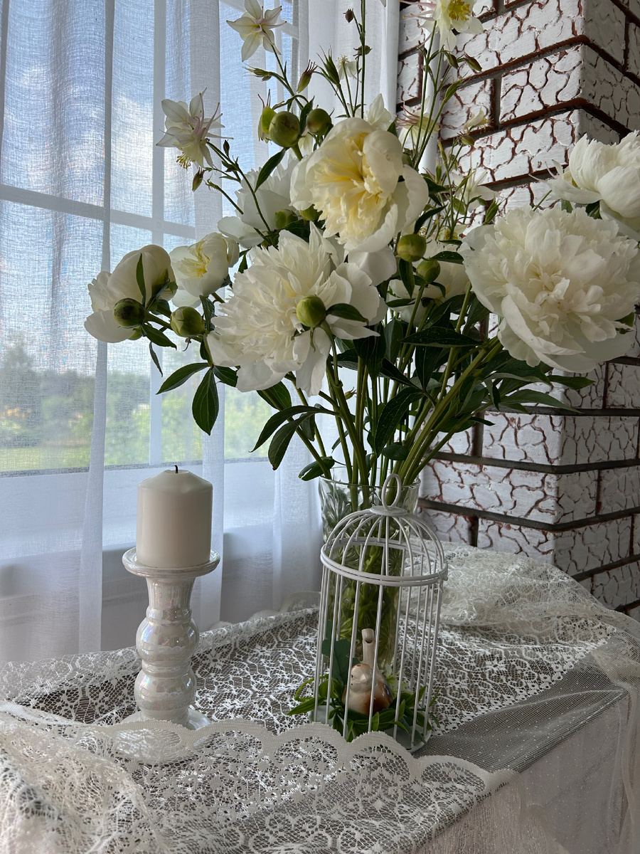 Пионы и аквилегия   на веранде