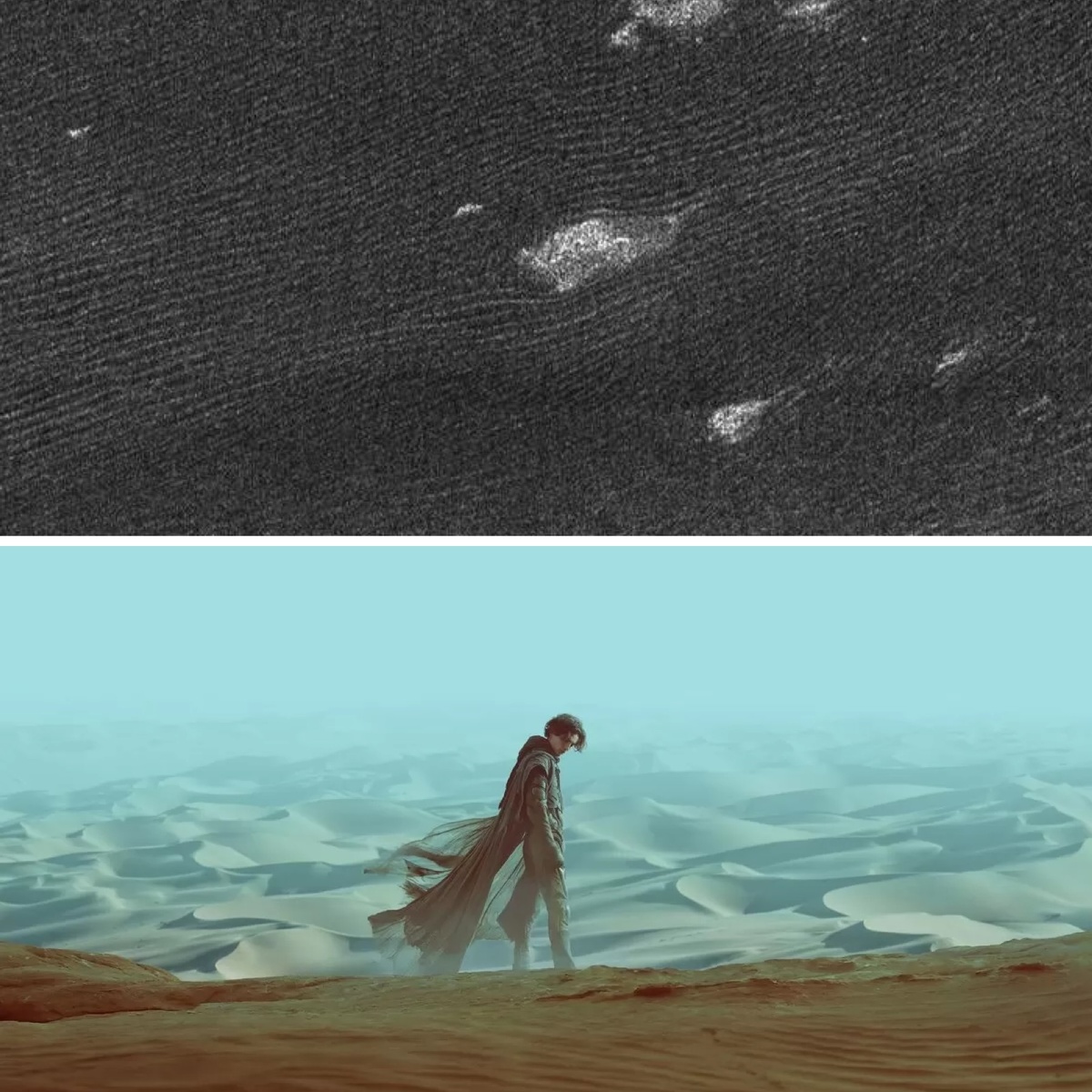 Сверху - дюны Титана, проученные аппаратом Кассини, снизу - кадр из экранизации «Дюны» Дени Вильнева. Источник: https://science.nasa.gov/resource/titans-sand-dunes/