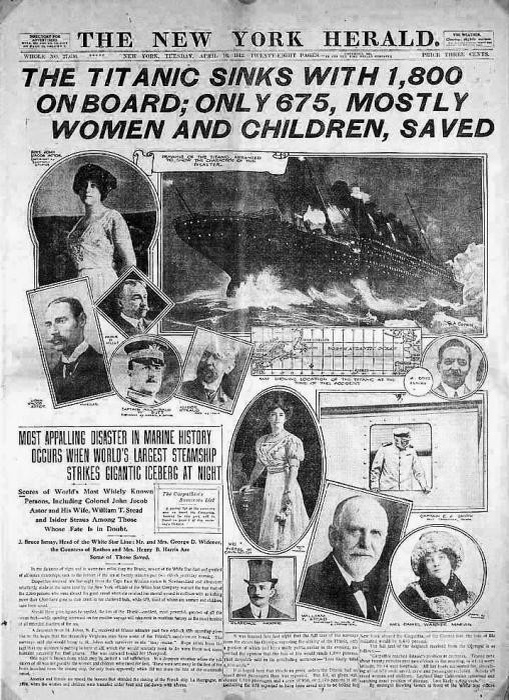 Первая полоса газеты Th e New York Herald. 15 апреля 1912 г.