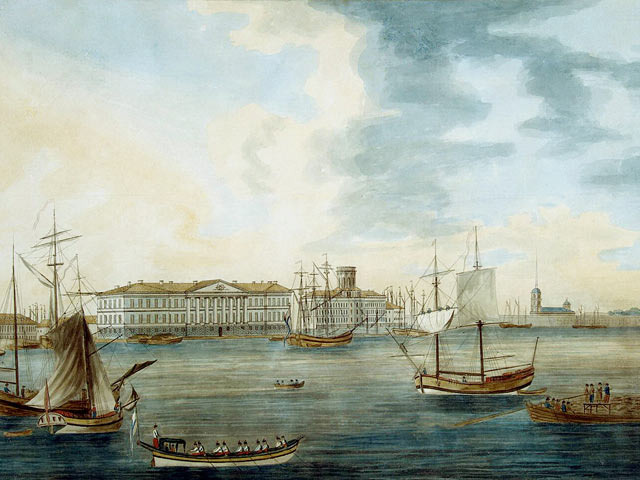 Академия наук в XIX веке. Художник Хирн, Джозеф. Вид с Невы на набережную Васильевского острова у здания Академии наук. 1789 г. ГЭ