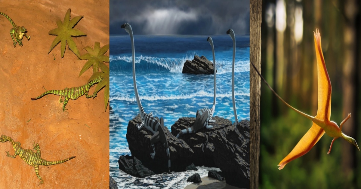 Слева макрокнемы – наземные представители семейства танистрофеид; посередине – танистрофей, полуводный представитель танистрофеид; справа – шаровиптерикс, планирующий шаровиптеригид.