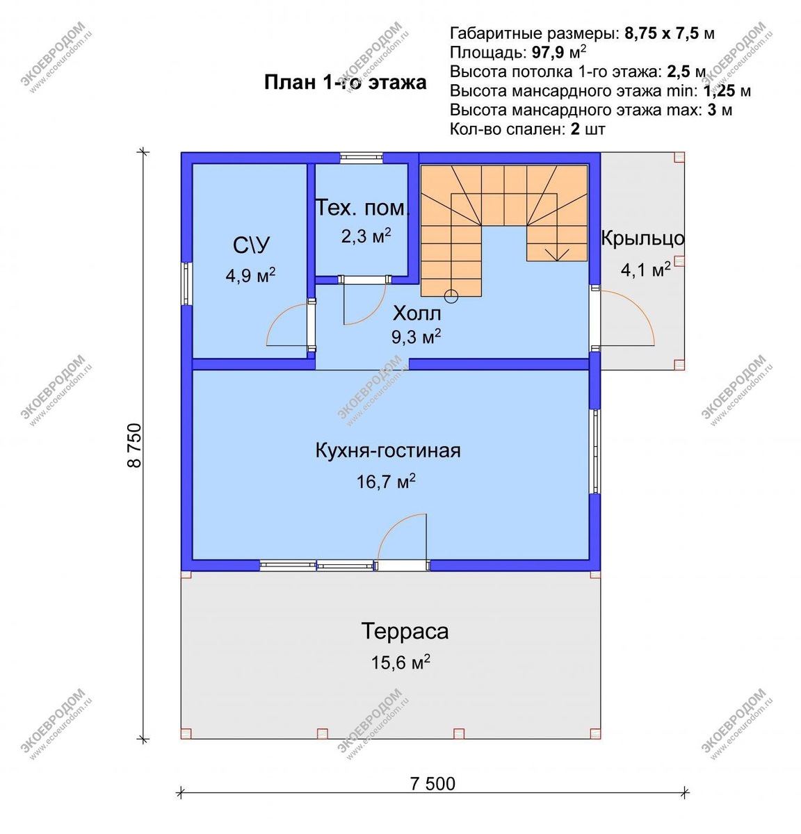 Планировка первого этажа с кухней-гостиной